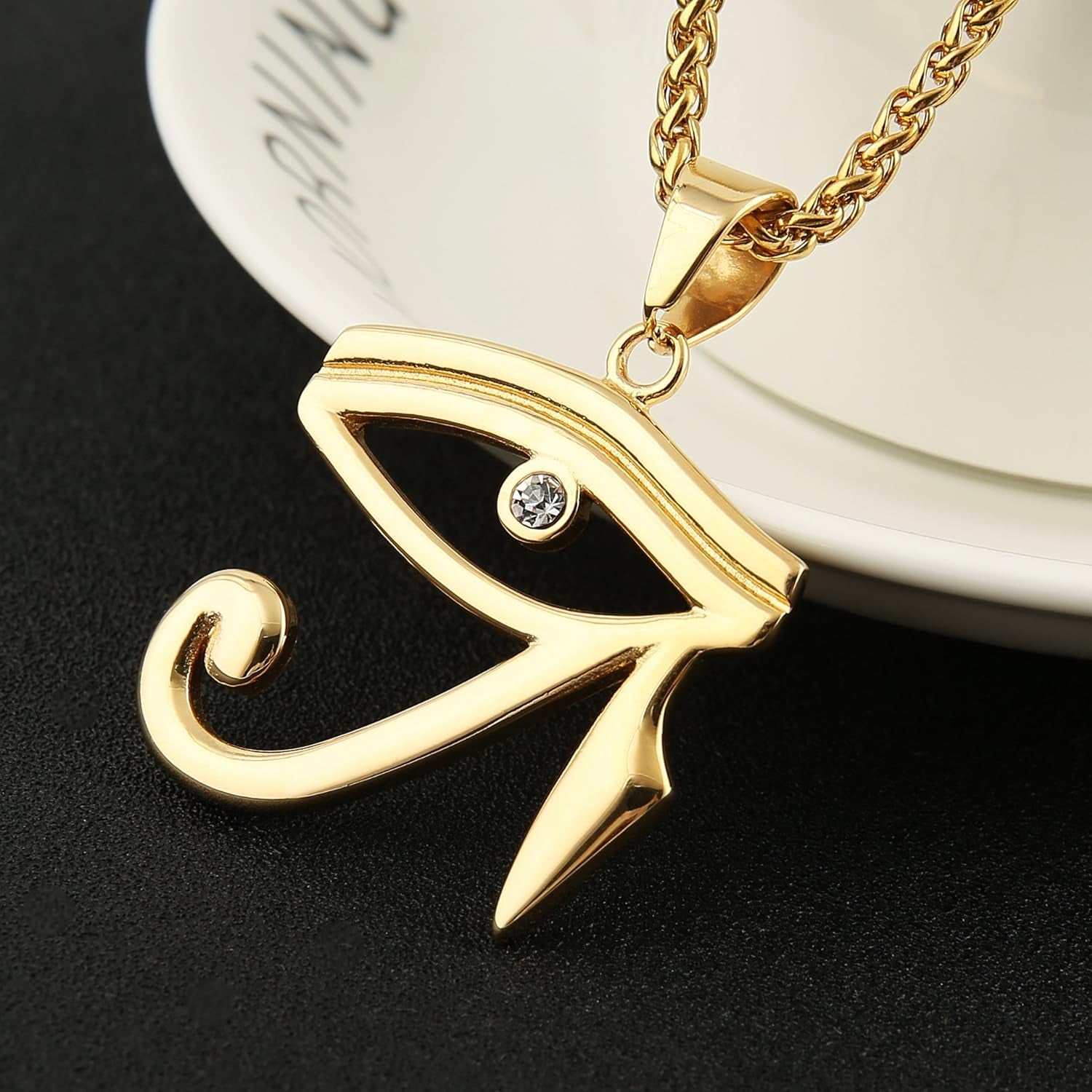 CZ Eye of Horus Egypt Protection Pendant on Stainless Steel Necklace Ancient Egyptian Symbol of Protection