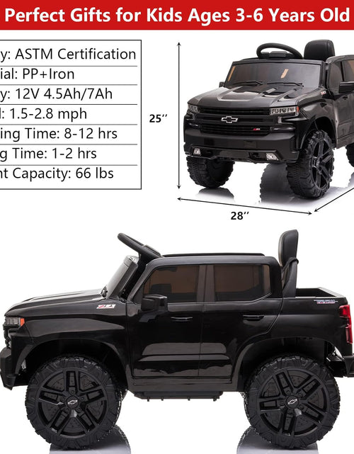 Load image into Gallery viewer, 12V Electric Car for Kids, Licensed Chevrolet Silverado Kids Ride on Car with Remote Control - Spring Suspension, MP3/FM/USB, LED Lights, 3 Speeds Battery Powered Kids Electric Vehicles, Black
