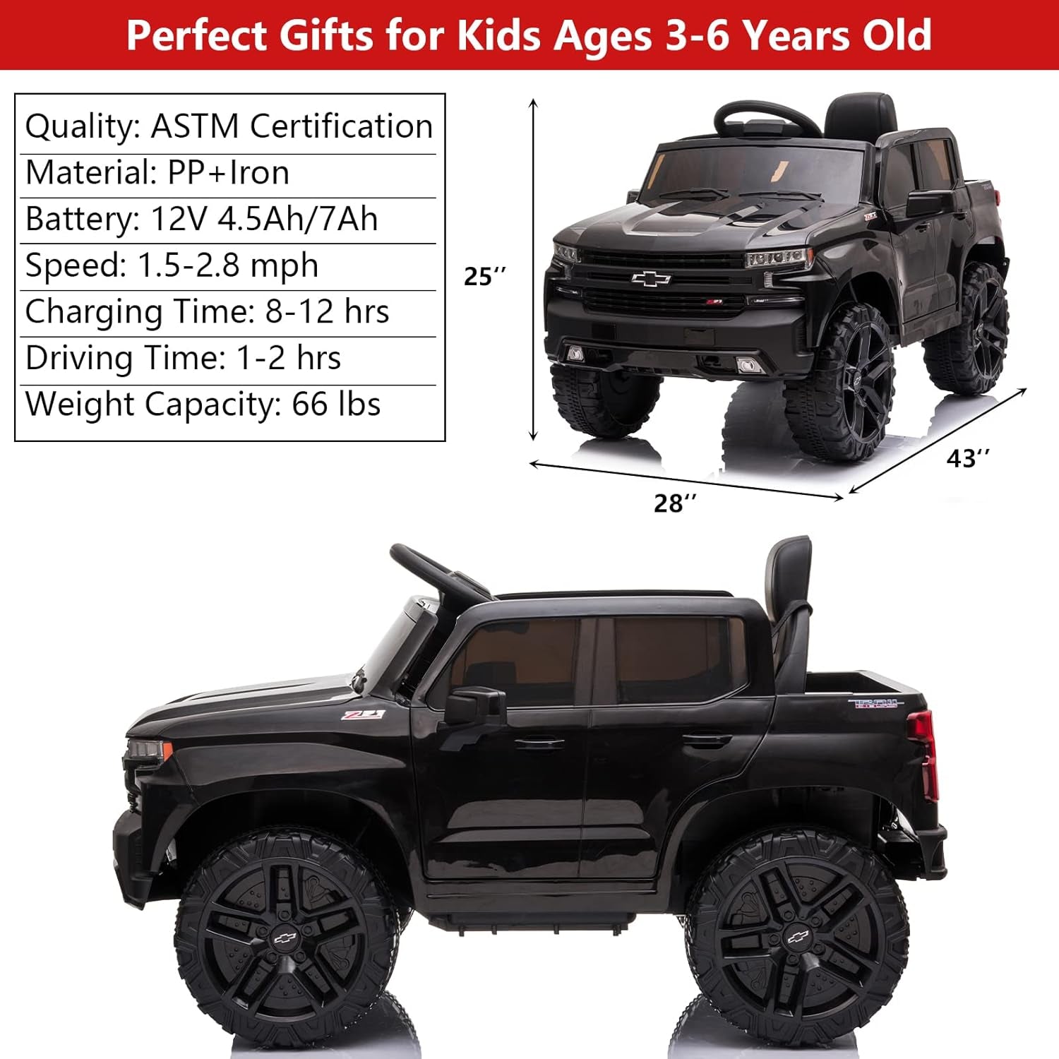 12V Electric Car for Kids, Licensed Chevrolet Silverado Kids Ride on Car with Remote Control - Spring Suspension, MP3/FM/USB, LED Lights, 3 Speeds Battery Powered Kids Electric Vehicles, Black