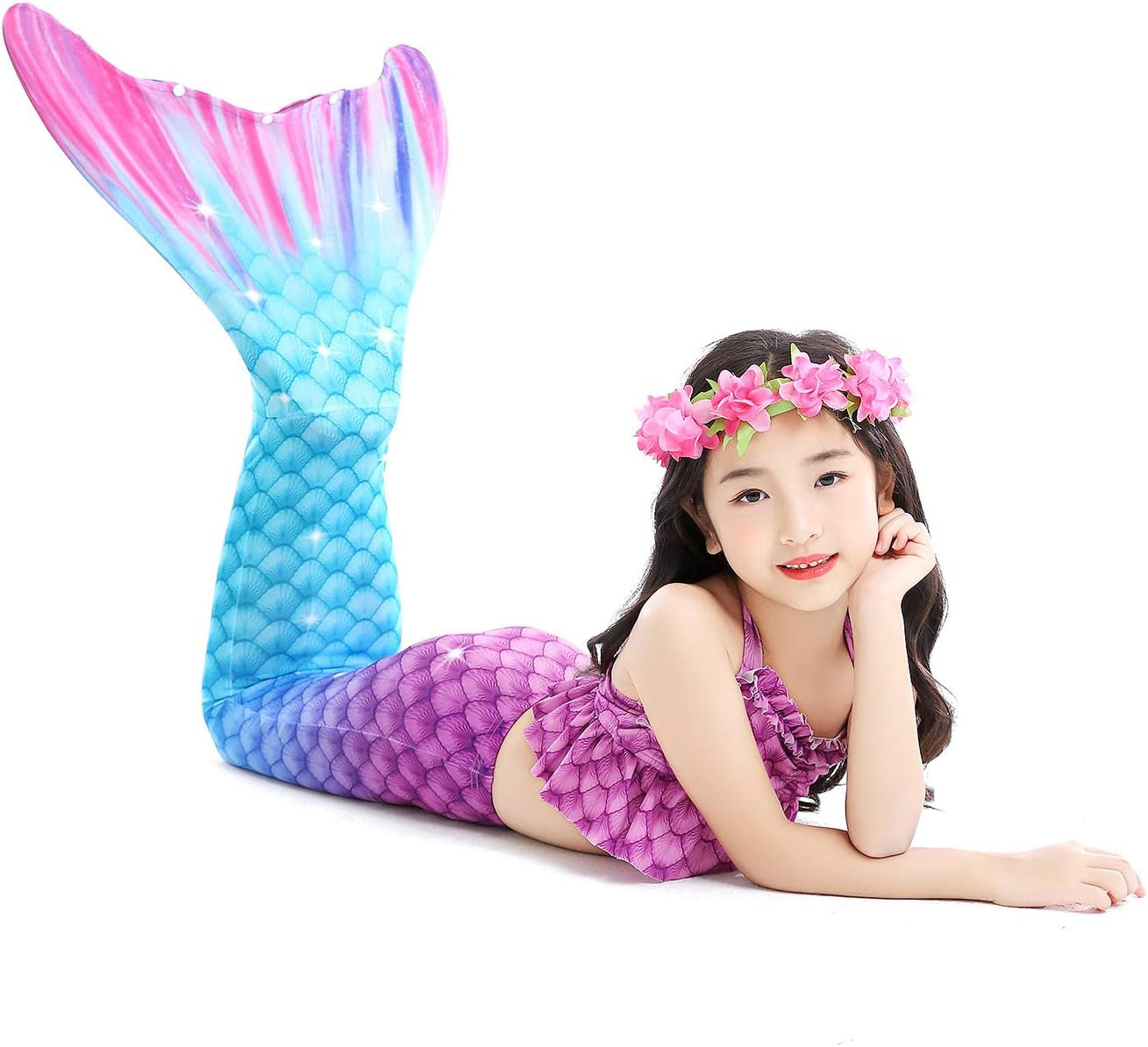 5Pcs Girls Swimsuit Mermaid Tails for Swimming Princess Bikini Bathing Suit Set Costume (No Monofin)