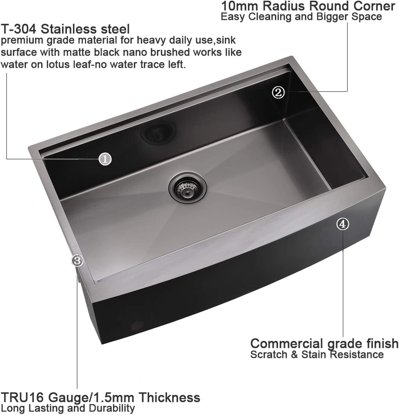 33 Inch Farmhouse Kitchen Sink Workstation Black -  33X22 Apron Front Workstation Farmhouse Sink Stainless Steel 16 Gauge Single Bowl Gunmetal Matte Black Farm Sink