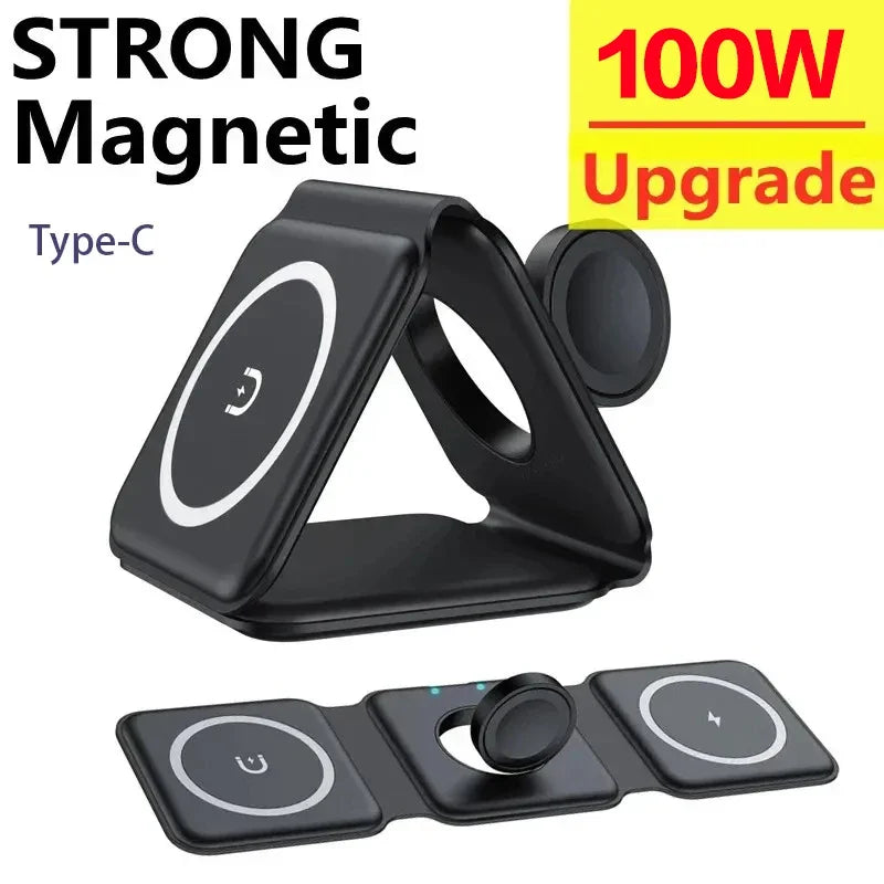 100W 3 in 1 Magnetic Wireless Charger Pad Stand for Iphone 14 13 15 8 Pro Max Airpods Iwatch Fast Wireless Charging Dock Station