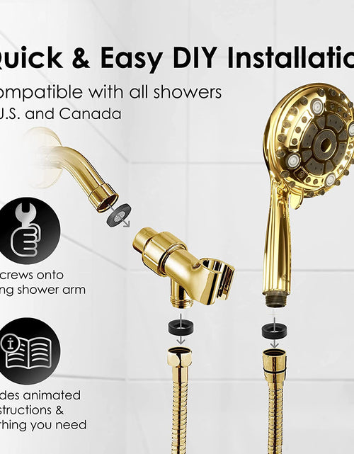 Load image into Gallery viewer, Aquarius Mist Handheld Gold Shower Head with Hose (Extra Long) Spa Grade High Pressure Hand Held Showerhead Wand with 6 Spray Settings – Adjustable Mount Holder &amp; Teflon Tape - Polished Brass
