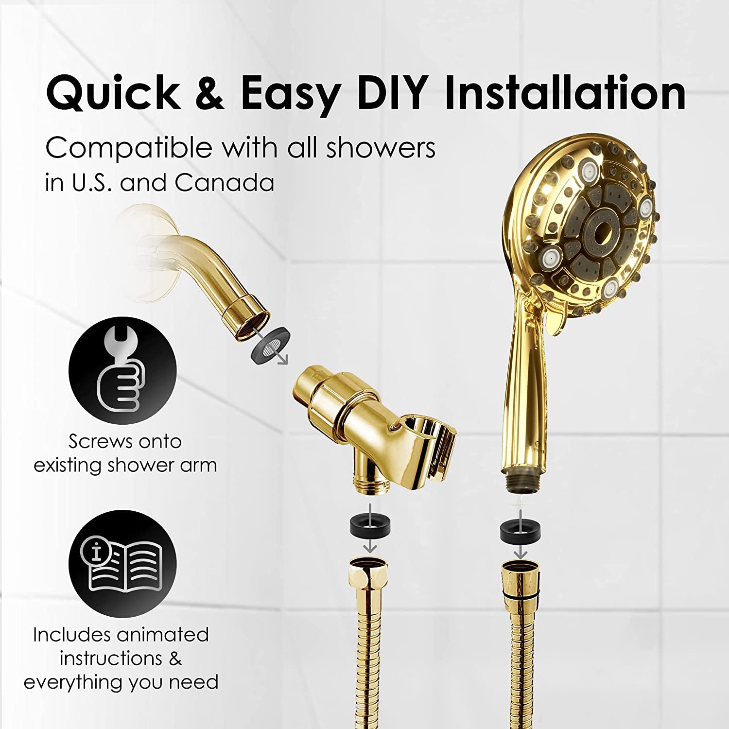 Aquarius Mist Handheld Gold Shower Head with Hose (Extra Long) Spa Grade High Pressure Hand Held Showerhead Wand with 6 Spray Settings – Adjustable Mount Holder & Teflon Tape - Polished Brass