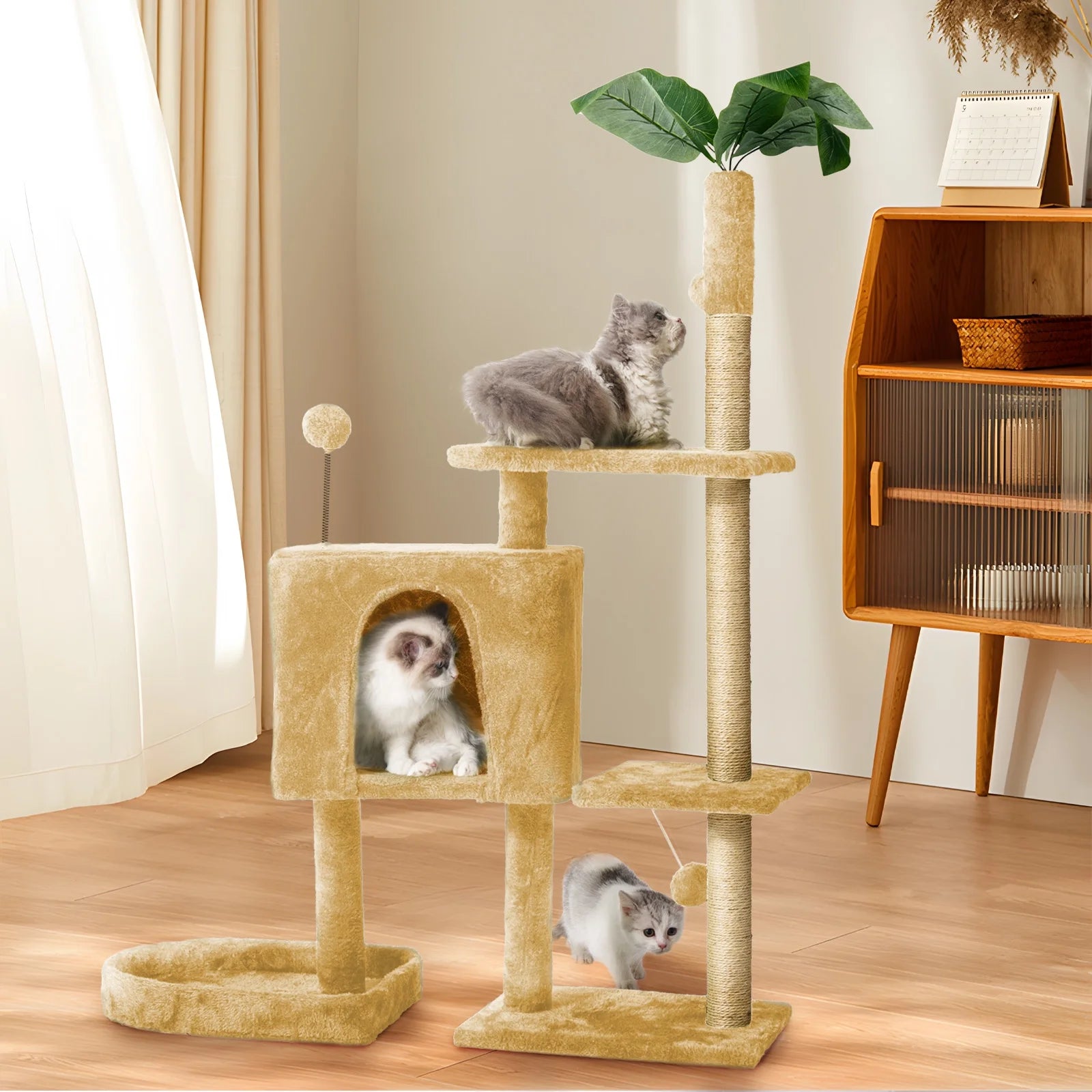 Cat Tree,52" Cat Tower for Indoor Cats, Cat Tree with Scratching Posts Plush Perch Stand, Cat Condo with Funny Toys Kittens Pet Play House,Beige