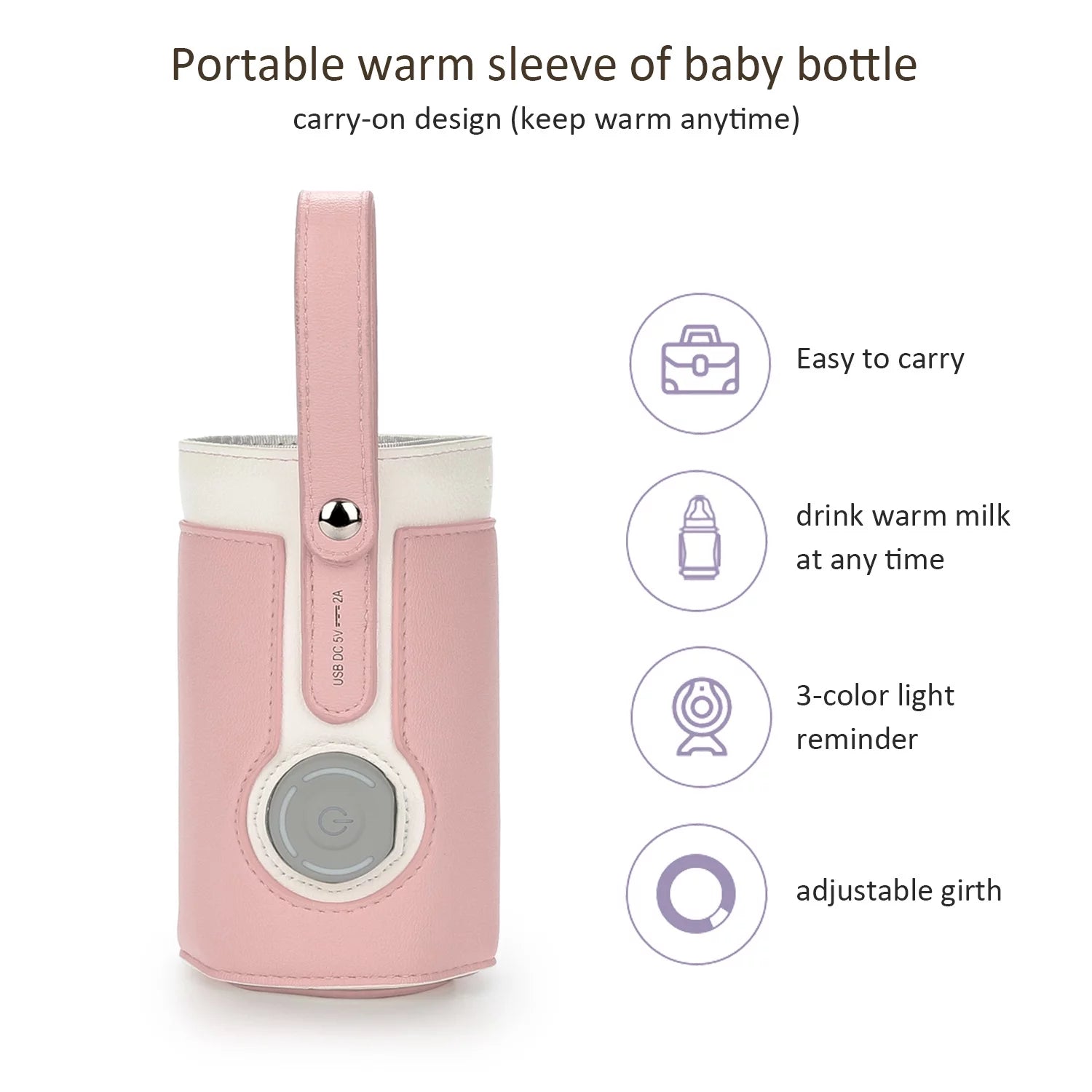 Portable Bottle Warmer, Intelligent Bottle Warmer, Fast Charge, 3-Speed Temperature Regulation, Pink