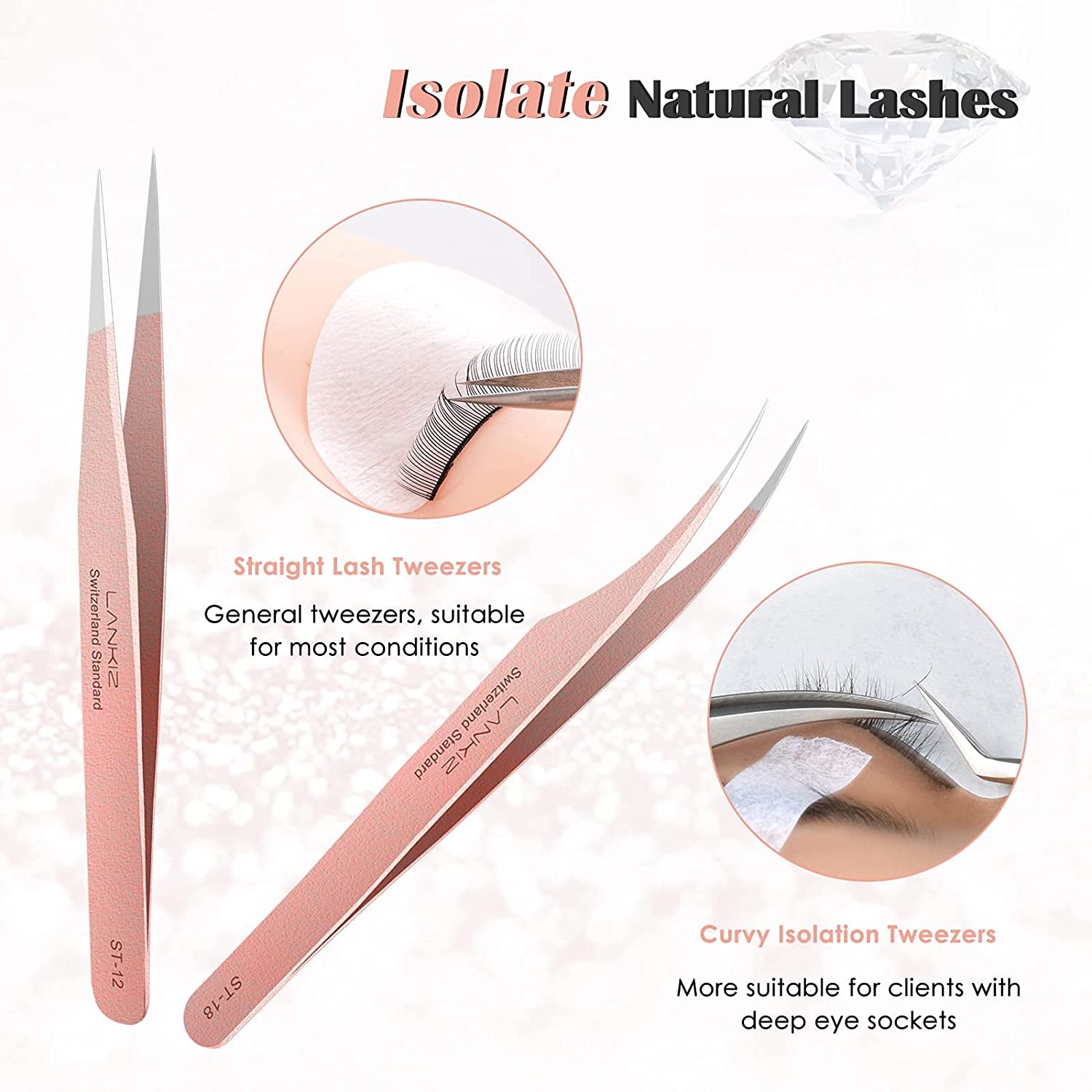 Eyelash Extension Tweezers Set 5 PCS for Volume Lash Extensions Stainless Steel Eyelash Tweezers for Lash Extensions-Rose Gold