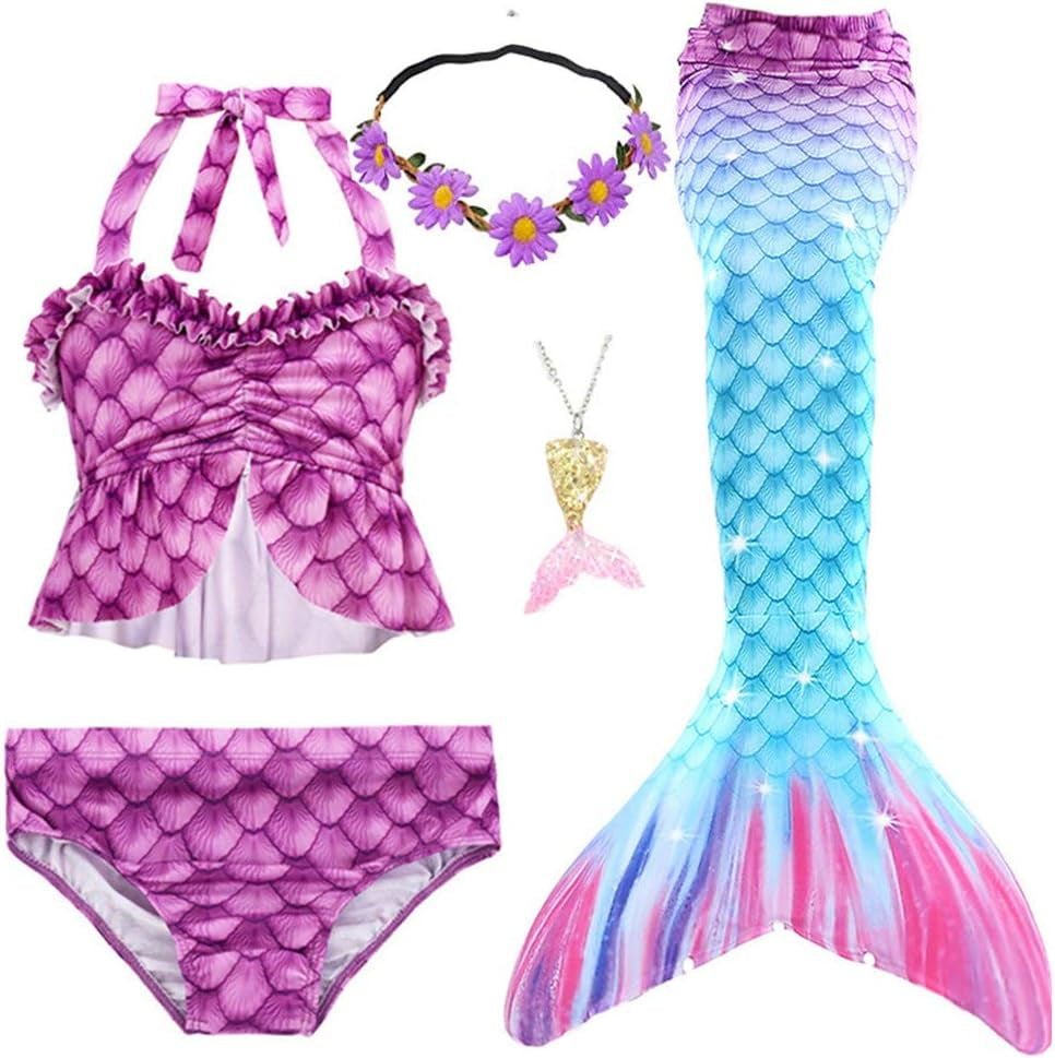 5Pcs Girls Swimsuit Mermaid Tails for Swimming Princess Bikini Bathing Suit Set Costume (No Monofin)