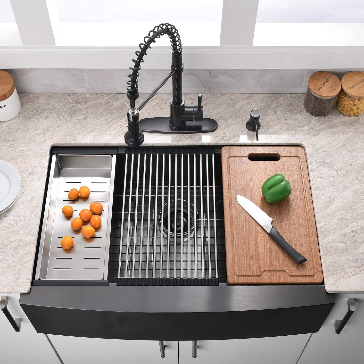 33 Inch Farmhouse Kitchen Sink Workstation Black -  33X22 Apron Front Workstation Farmhouse Sink Stainless Steel 16 Gauge Single Bowl Gunmetal Matte Black Farm Sink