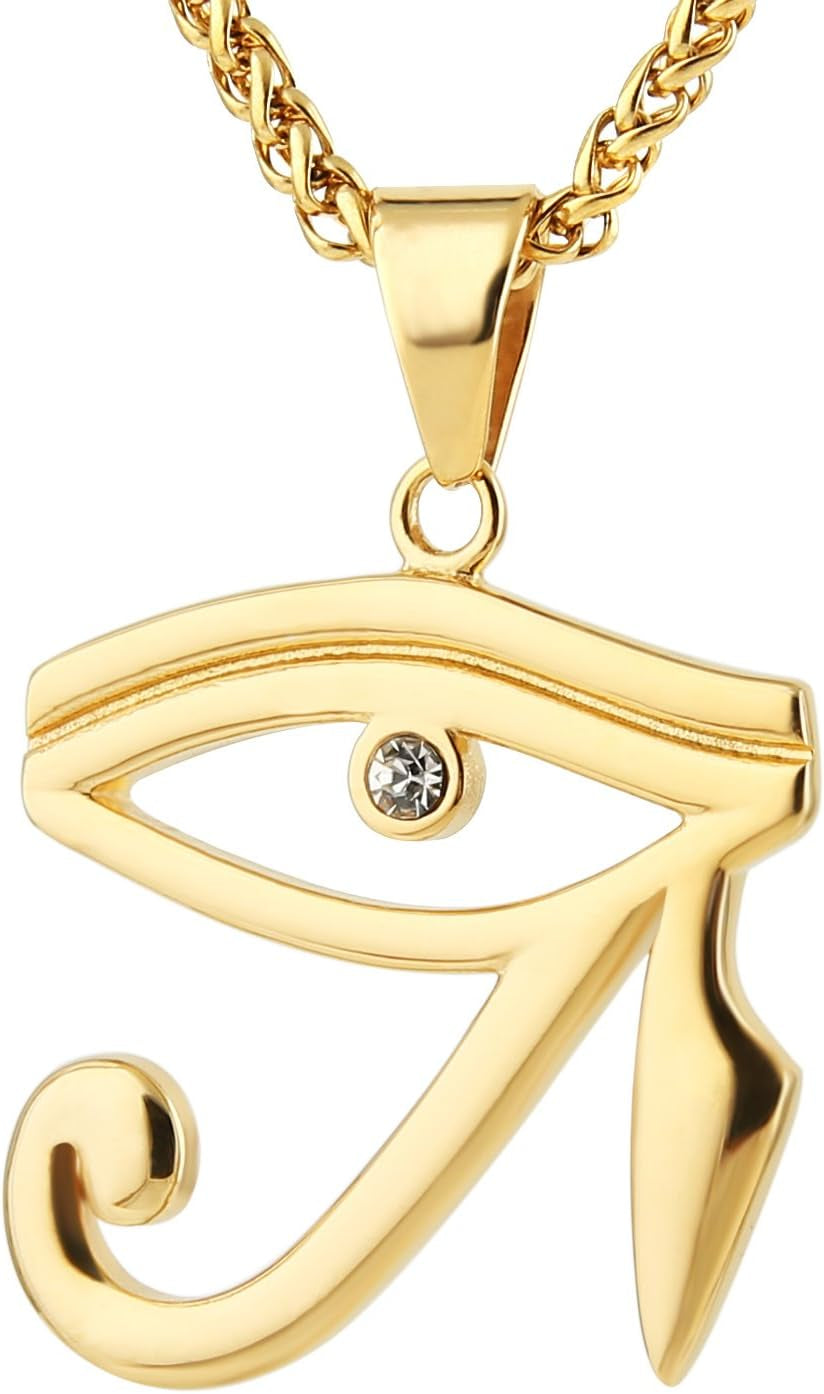 CZ Eye of Horus Egypt Protection Pendant on Stainless Steel Necklace Ancient Egyptian Symbol of Protection