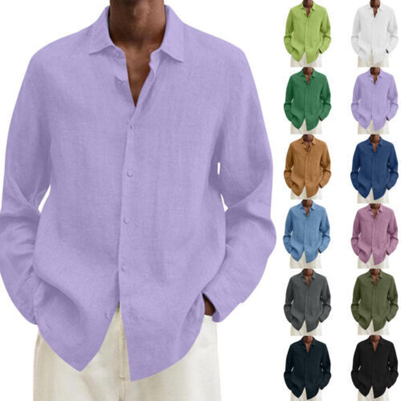 Mens Long Sleeve Linen Shirt Summer Loose Fit Lightweight Button down Shirt New