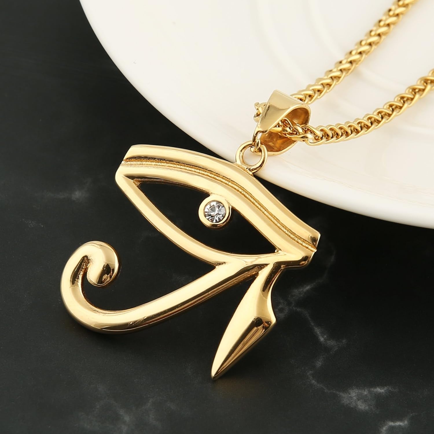 CZ Eye of Horus Egypt Protection Pendant on Stainless Steel Necklace Ancient Egyptian Symbol of Protection