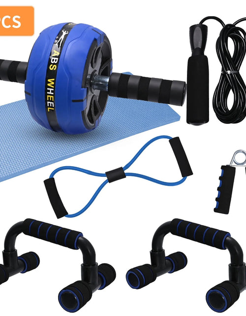 Load image into Gallery viewer, 7-In-1 Ab Roller Wheel Kit, Perfect Home Gym Equipment Exercise Roller Wheel Kit with Push-Up Bar, Knee Mat, Jump Rope and Hand Gripper, Core Strength &amp; Abdominal Exercise Ab Roller, Blue
