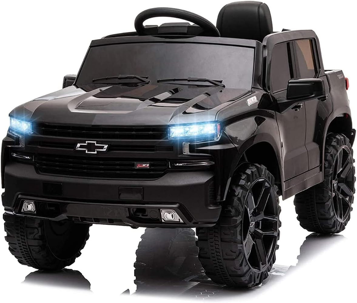 12V Electric Car for Kids, Licensed Chevrolet Silverado Kids Ride on Car with Remote Control - Spring Suspension, MP3/FM/USB, LED Lights, 3 Speeds Battery Powered Kids Electric Vehicles, Black