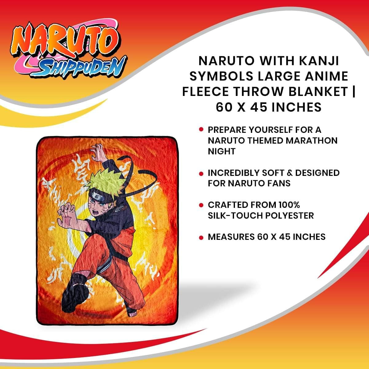 Naruto with Kanji Symbols Large Anime Fleece Throw Blanket | Official Naruto Throw Blanket | Collectible Anime Throw Blanket | Measures 60 X 45 Inches