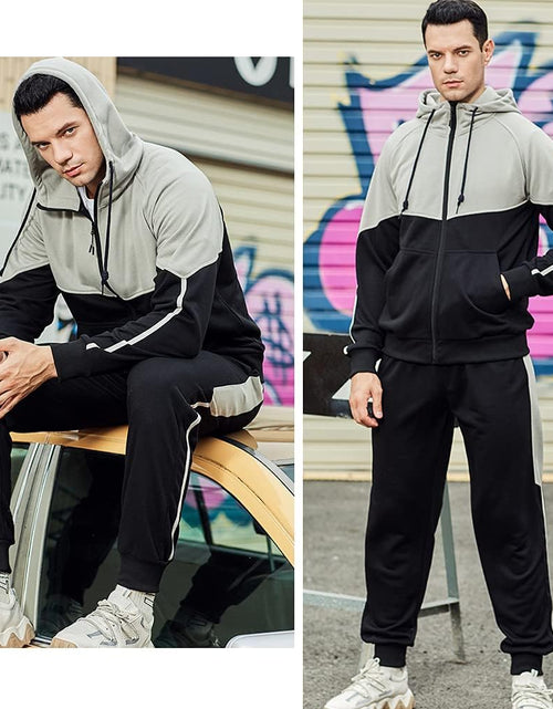 Load image into Gallery viewer, Men&#39;S Hooded Athletic Tracksuit Sweatsuit Long Sleeve Full-Zip Jogging Sweatpants 2 Piece Patchwork Sportsuits
