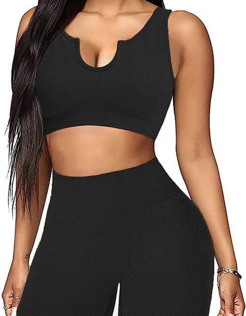 Load image into Gallery viewer, Seamless Workout Sets for Women 2 Piece Yoga Outfits Ribbed High Waist Leggings with Sports Bra Gym Set.
