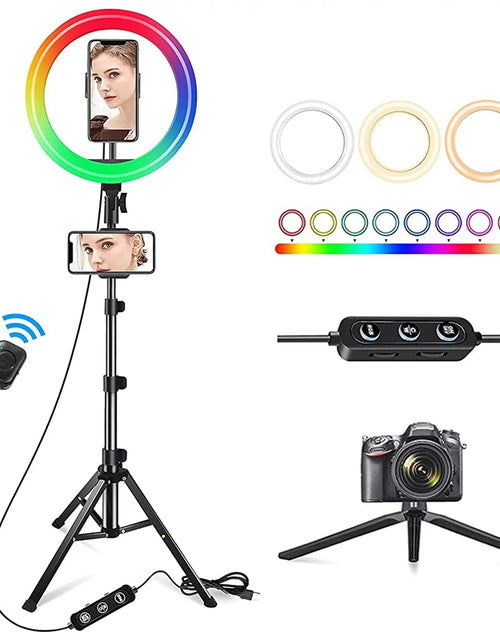 Load image into Gallery viewer, 13&quot; LED RGB Selfie Ring Light W/ Mini &amp; Extendable Tripod Stand &amp; Phone Holder 10 Brightness Level 26 Light Modes Dimmable Ringlight for Beauty Makeup Live Streaming Youtube Video Photography Shooting
