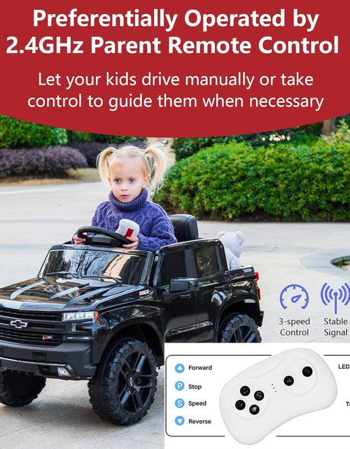 Load image into Gallery viewer, 12V Electric Car for Kids, Licensed Chevrolet Silverado Kids Ride on Car with Remote Control - Spring Suspension, MP3/FM/USB, LED Lights, 3 Speeds Battery Powered Kids Electric Vehicles, Black
