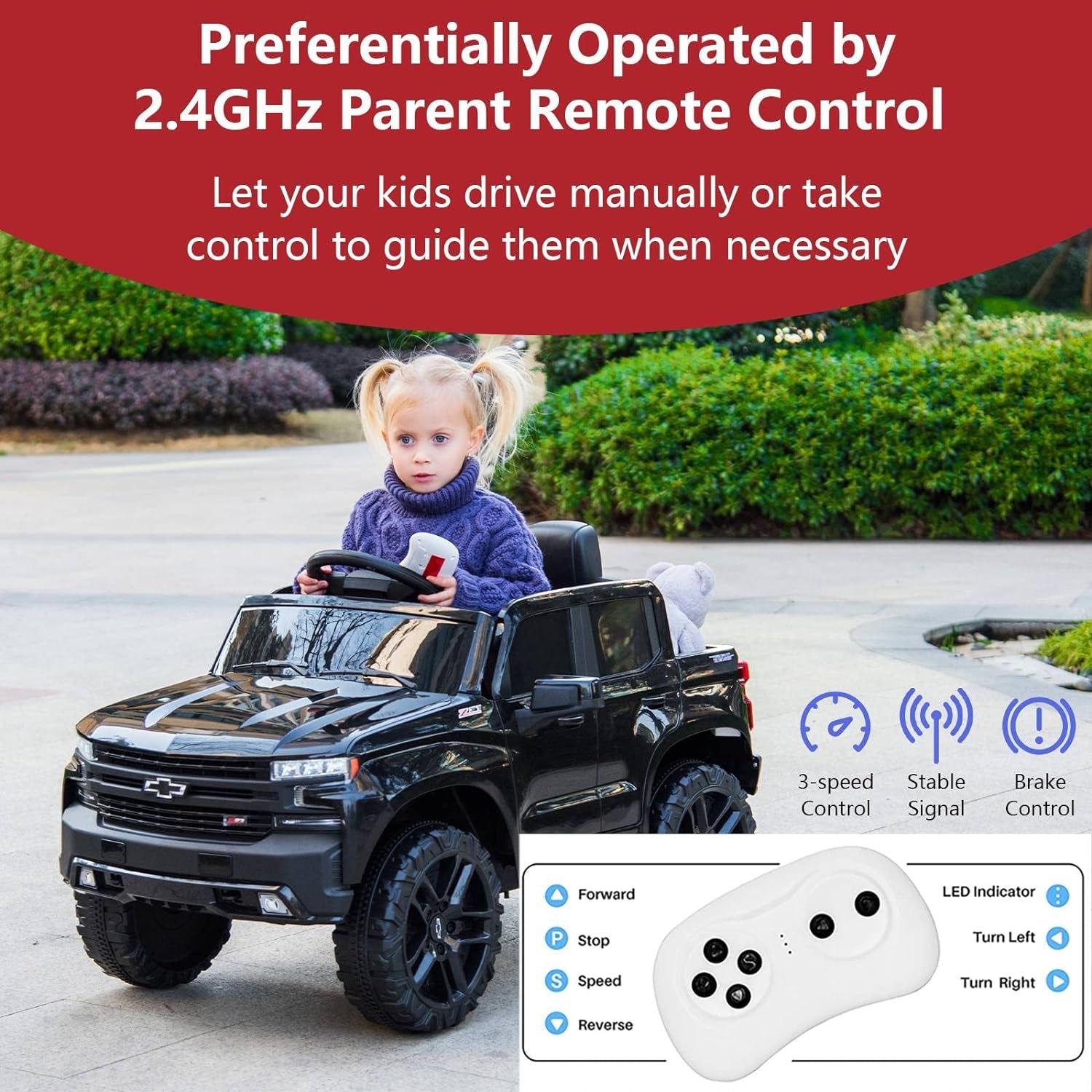 12V Electric Car for Kids, Licensed Chevrolet Silverado Kids Ride on Car with Remote Control - Spring Suspension, MP3/FM/USB, LED Lights, 3 Speeds Battery Powered Kids Electric Vehicles, Black